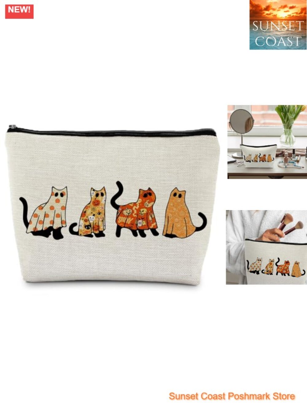 Linen Makeup Bag with Zipper - Waterproof Canvas Interior - Cat Lover Gift